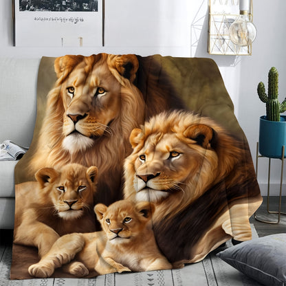Majestic Lion Print Flannel Blanket - HD Realistic Wildlife Design, Ultra Soft & Warm, All-Season Multi-Use Throw for Sofa, Camping, Luxe Gift