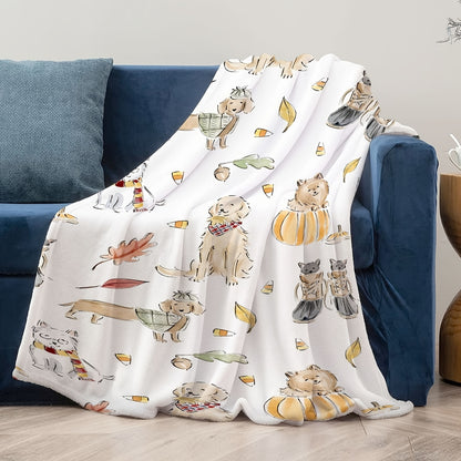 Autumn Dog Print Blanket - Pumpkin & Fall Leaves with Playful Dogs, Cozy Seasonal Throw for Sofa & Bed, Perfect Gift for Dog Lovers & Pet Owners