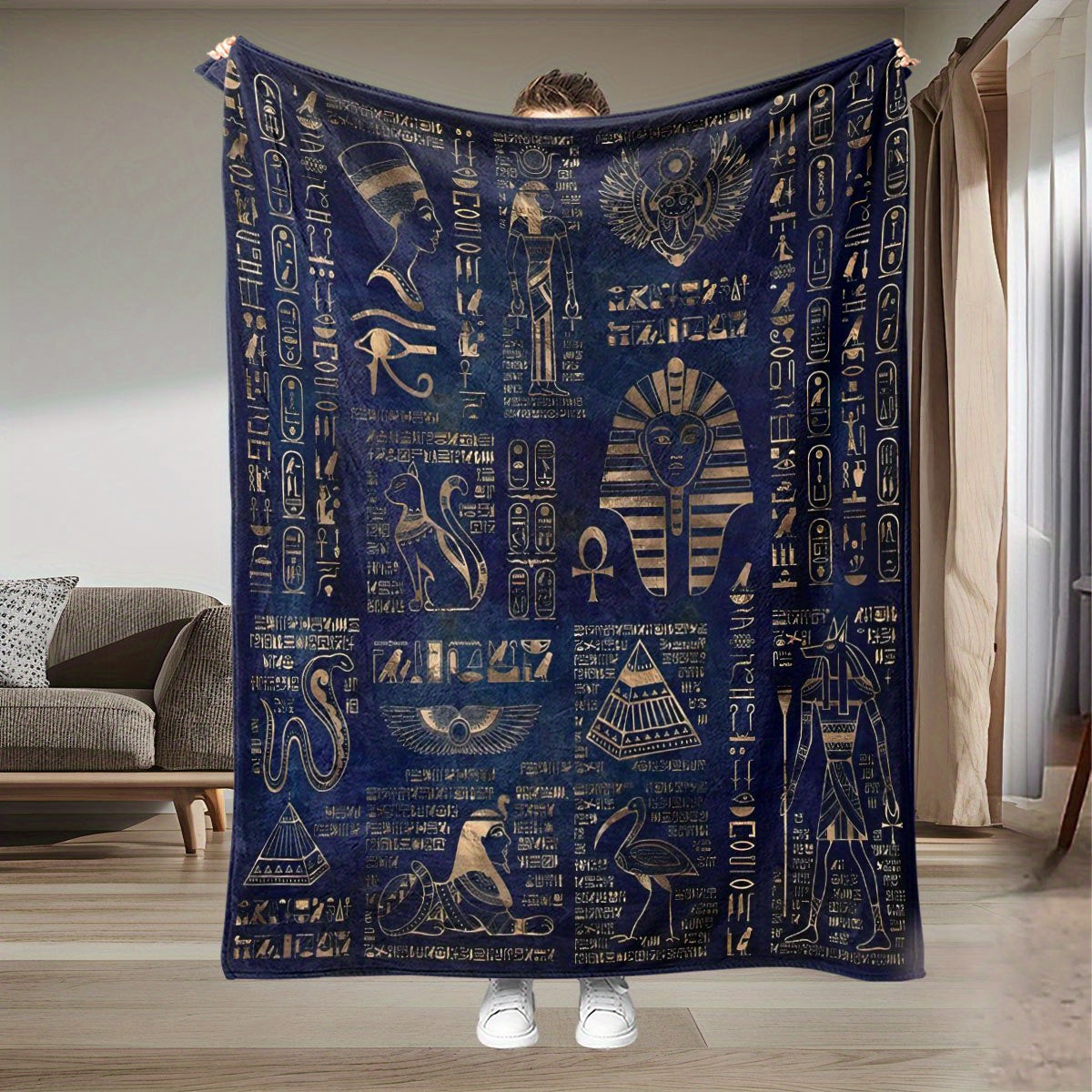 Egyptian Pharaoh Blanket - Hieroglyphics & Golden Pyramid Print on Deep Blue Flannel, Luxurious Sofa Throw Blankets Decor Gift