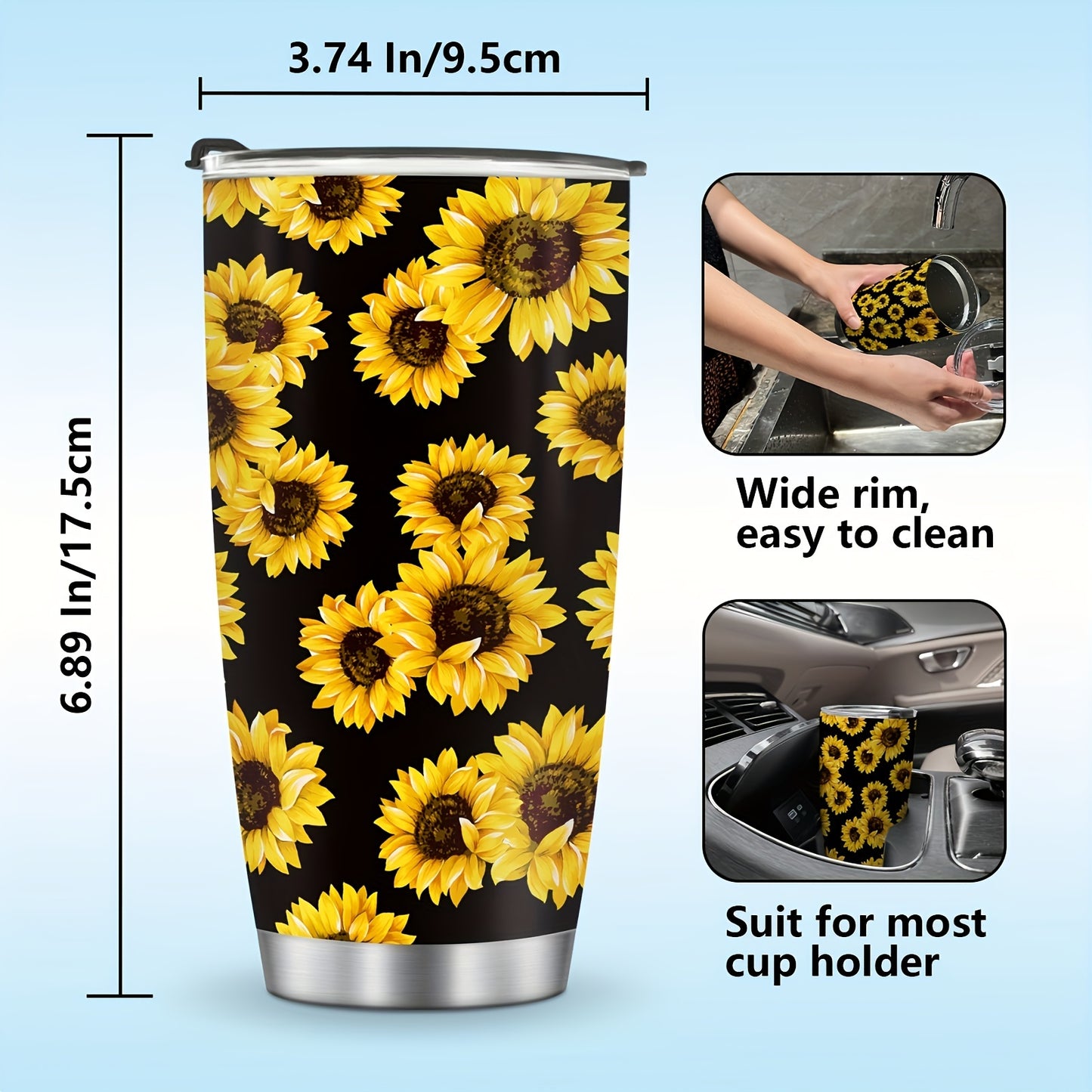 Sunflower Gift for Women - 20oz Cheerful Tumbler, Stainless Steel Double Wall Vacuum Insulated Travel Mug | Keeps Drinks Hot/Cold, Perfect for Home, Office, Back to School