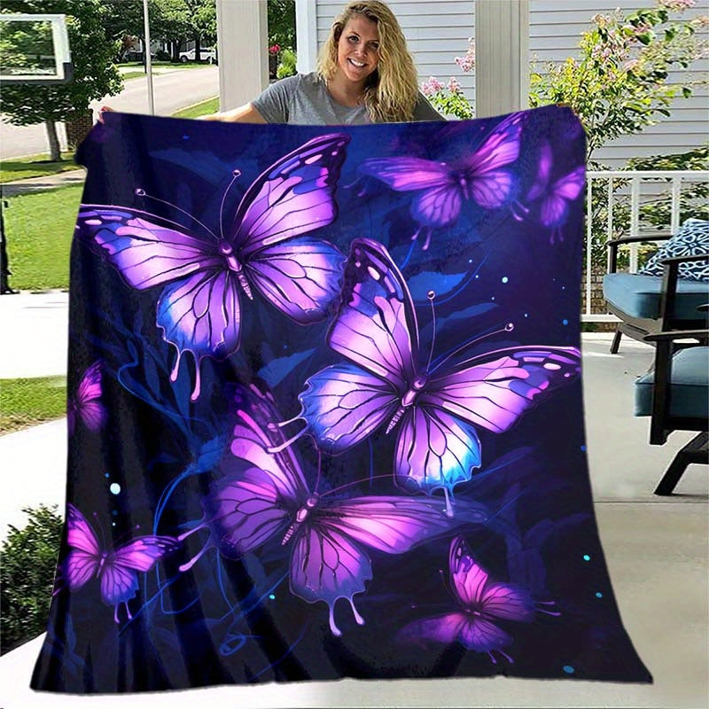 Purple Butterfly Flannel Throw - Elegant & Lightweight Blanket with Ethereal Design | Soft Multi-Scene Cover for Sofa, Bed, or as a Decorative Gift