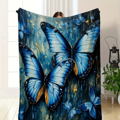 Blue Butterfly Patchwork Knitted Blanket - Textured Animal Insect Theme Throw, Lightweight & Breathable All-Season Gift for Home, Office, Nursery Decor