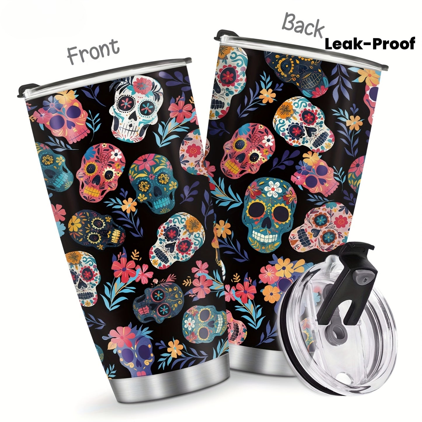 Skull Tumbler 20oz - Stainless Steel Vacuum Insulated & Leak-Proof, Perfect Travel Cup Gift for Halloween & Day of the Dead