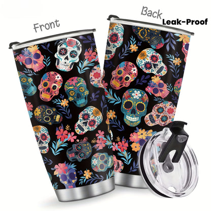 Skull Tumbler 20oz - Stainless Steel Vacuum Insulated & Leak-Proof, Perfect Travel Cup Gift for Halloween & Day of the Dead