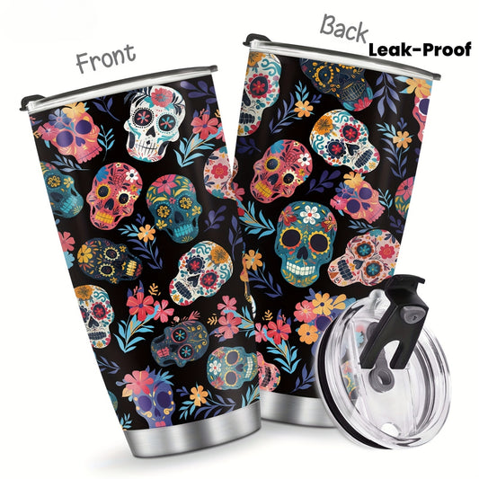 Skull Tumbler 20oz - Stainless Steel Vacuum Insulated & Leak-Proof, Perfect Travel Cup Gift for Halloween & Day of the Dead