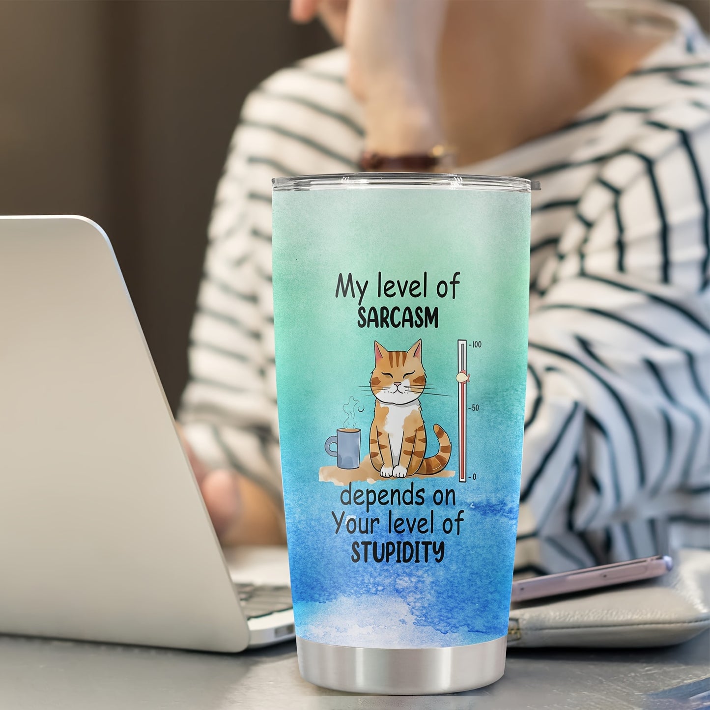 "My Level of Sarcasm Cat" Tumbler 20oz - Funny Sarcastic Cat Print Stainless Steel Mug, Vacuum Insulated & Durable, Humorous Gift for Cat Lovers