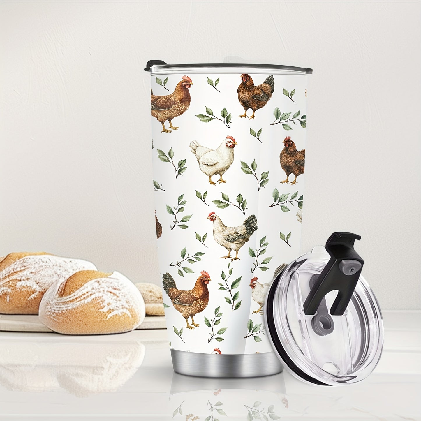 Country Hen Tumbler 20oz - Farmhouse Chicken Design with Floral & Branch Pattern | Insulated Stainless Steel Mug, Perfect Animal Lover Gift