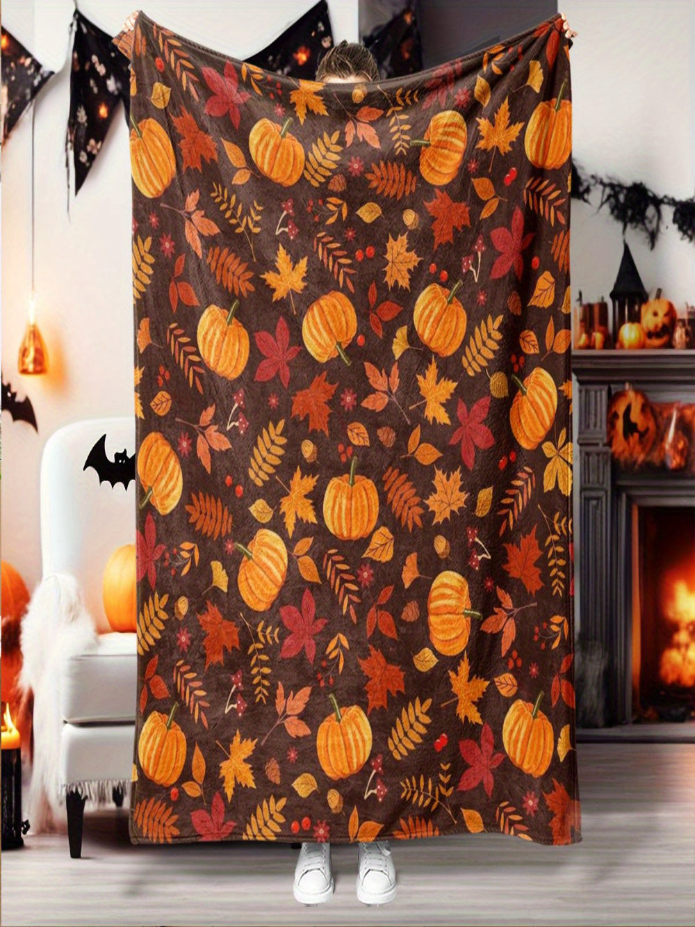 Lightweight Fall Flannel Throw - Pumpkin Leaf Design, All-Season Soft Warmth for Bed, Sofa & Camping, Versatile Gift