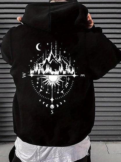 Vintage Castle & Sun Hoodie - Men's Storybook Graphic Pullover, Cozy Kangaroo Pocket Sweatshirt