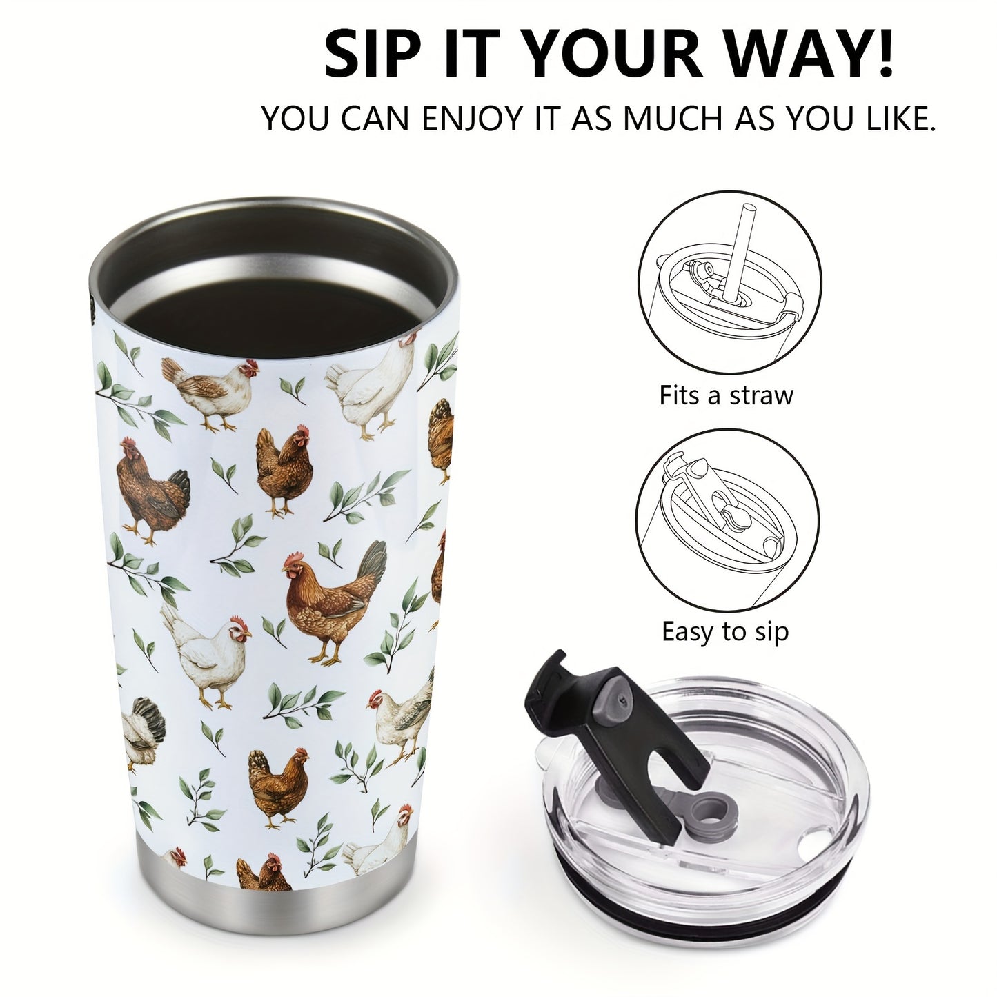 Country Hen Tumbler 20oz - Farmhouse Chicken Design with Floral & Branch Pattern | Insulated Stainless Steel Mug, Perfect Animal Lover Gift