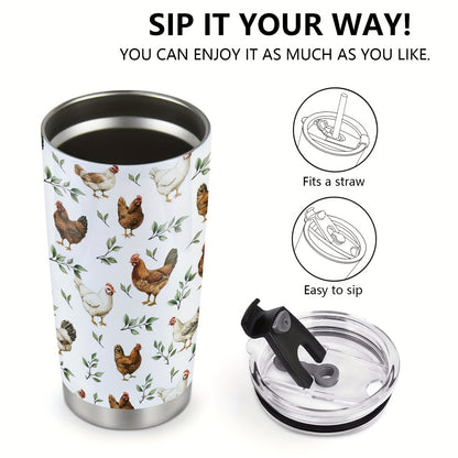 Country Hen Tumbler 20oz - Farmhouse Chicken Design with Floral & Branch Pattern | Insulated Stainless Steel Mug, Perfect Animal Lover Gift