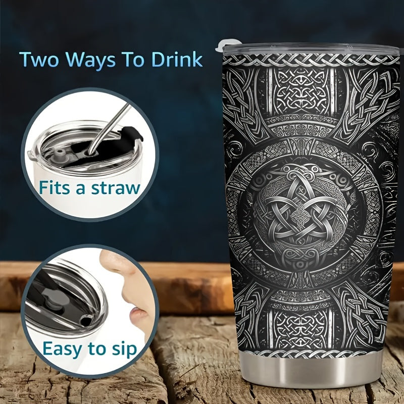 Viking Themed Insulated Tumbler 20oz - Stainless Steel Travel Mug with Wolf & Celtic Knot, Double-Wall Hot Cold Cup, Durable Gift for Him