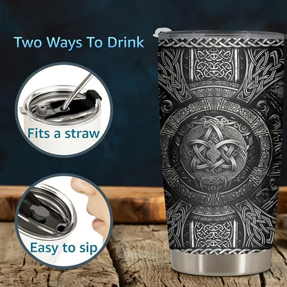 Viking Themed Insulated Tumbler 20oz - Stainless Steel Travel Mug with Wolf & Celtic Knot, Double-Wall Hot Cold Cup, Durable Gift for Him