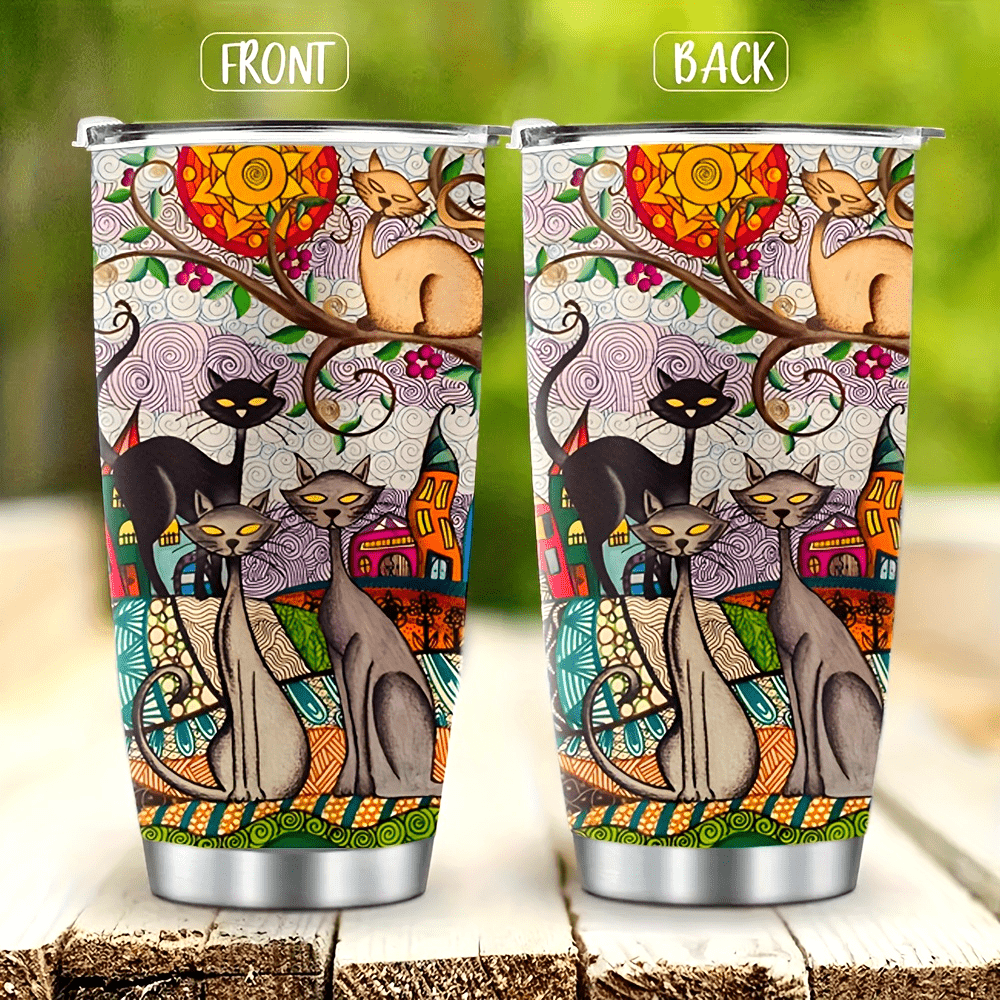Wearable Feline Art Tumbler - 20oz Gallery-Worthy Print on Insulated Stainless Steel, A Vibrant Gift for Connoisseurs & Cat Lovers