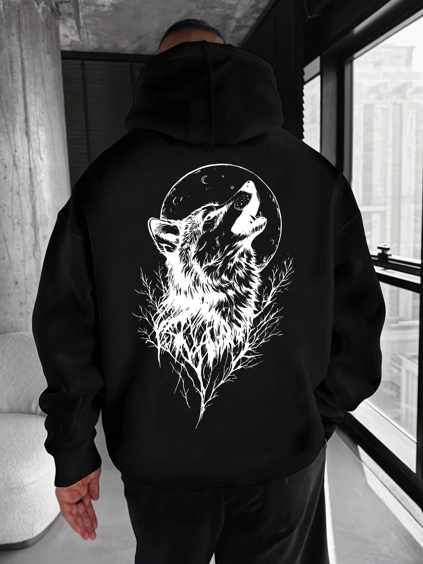 Men's Wolf Print Hoodie - Loose Fit Streetwear Pullover with Drawstring Hood & Kangaroo Pocket