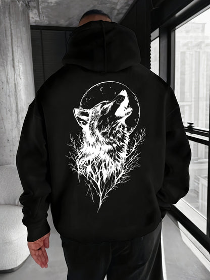 Men's Wolf Print Hoodie - Loose Fit Streetwear Pullover with Drawstring Hood & Kangaroo Pocket