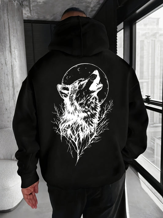 Men's Wolf Print Hoodie - Loose Fit Streetwear Pullover with Drawstring Hood & Kangaroo Pocket