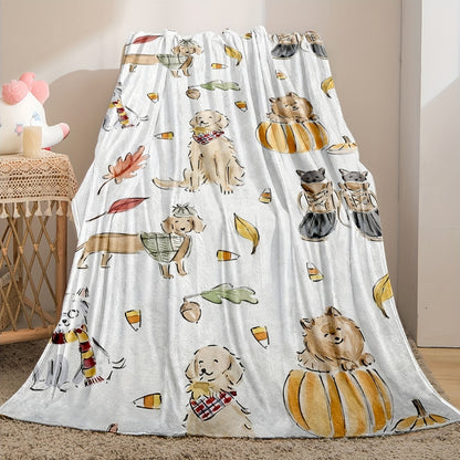 Autumn Dog Print Blanket - Pumpkin & Fall Leaves with Playful Dogs, Cozy Seasonal Throw for Sofa & Bed, Perfect Gift for Dog Lovers & Pet Owners