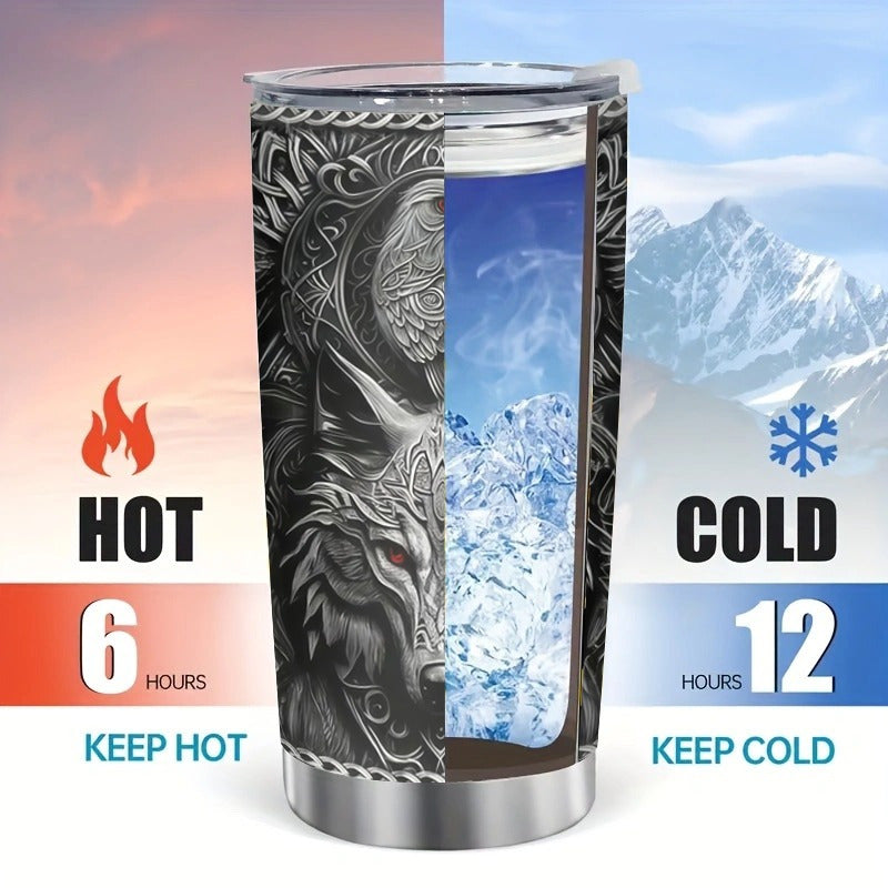 Viking Themed Insulated Tumbler 20oz - Stainless Steel Travel Mug with Wolf & Celtic Knot, Double-Wall Hot Cold Cup, Durable Gift for Him
