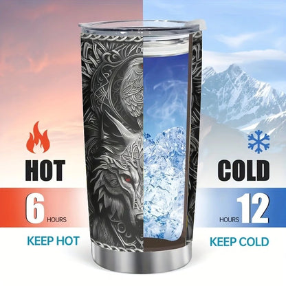 Viking Themed Insulated Tumbler 20oz - Stainless Steel Travel Mug with Wolf & Celtic Knot, Double-Wall Hot Cold Cup, Durable Gift for Him