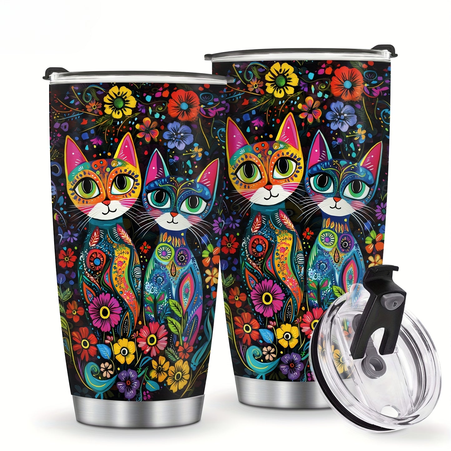 Vintage Cat & Flowers Tumbler - 20oz Retro Insulated Stainless Steel Travel Mug, Leakproof, Reusable Coffee Cup, Perfect Gift for Cat Lovers, Moms, Dads