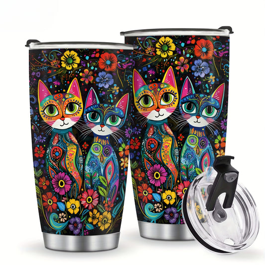 Vintage Cat & Flowers Tumbler - 20oz Retro Insulated Stainless Steel Travel Mug, Leakproof, Reusable Coffee Cup, Perfect Gift for Cat Lovers, Moms, Dads