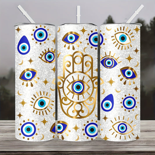 Hamsa & Evil Eye Tumbler 20oz - Stainless Steel Vacuum Insulated Cup with Straw | Protective Symbol Design, Keeps Drinks Hot/Cold, Perfect Travel Gift