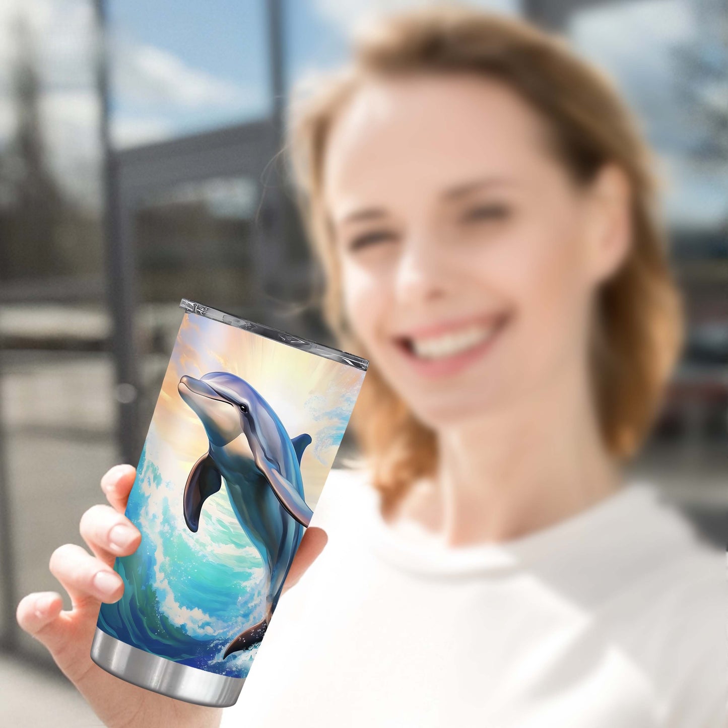 Dolphin Print 20oz Insulated Tumbler - Stainless Steel Travel Mug with Leak-Proof Lid, Double Wall Vacuum - BPA-Free Ocean Waves Design, Perfect Gift for Dolphin Lovers, Family & Friends