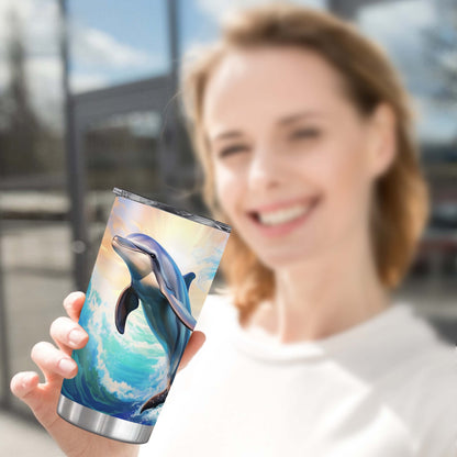 Dolphin Print 20oz Insulated Tumbler - Stainless Steel Travel Mug with Leak-Proof Lid, Double Wall Vacuum - BPA-Free Ocean Waves Design, Perfect Gift for Dolphin Lovers, Family & Friends
