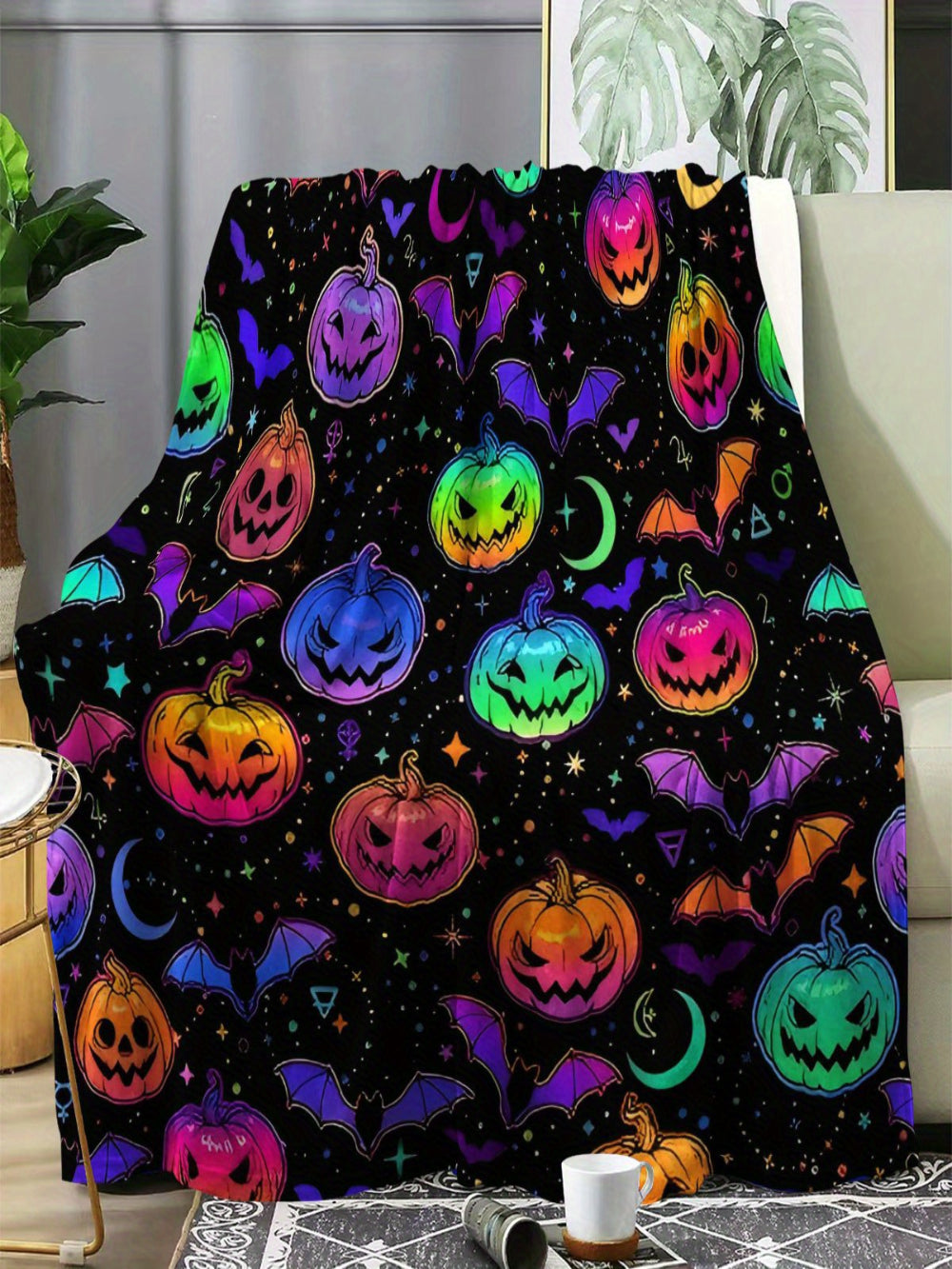 Halloween Pumpkin Bat Throw - Soft Flannel Blanket for All Seasons, Multi-Use for Bed, Sofa, Camping, Festive Gift