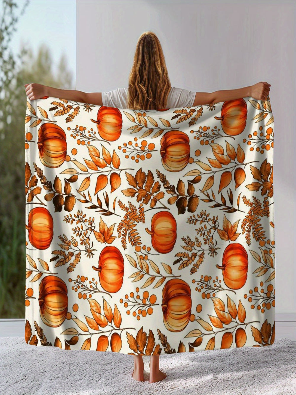 Pumpkin Leaf Flannel Throw - All-Season Soft & Warm Blanket for Bed, Sofa, Camping, Multi-Use Fall Gift
