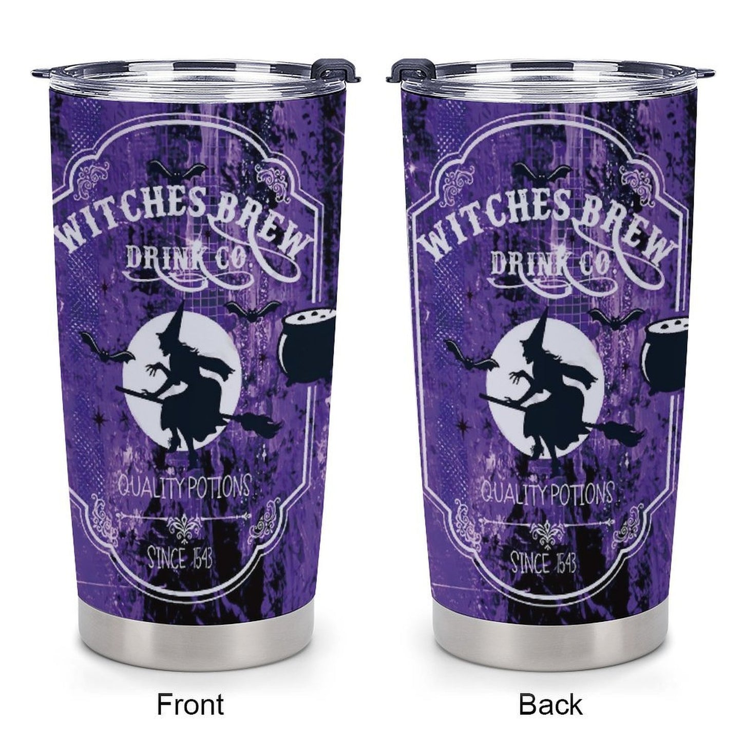 Gothic Witch's Brew Tumbler 20oz - Halloween Insulated Mug with Witch on Broomstick & Cauldron Design, Stainless Steel with Locking Lid & Straw, Spooky Gift