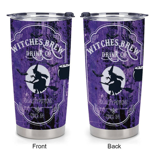 Gothic Witch's Brew Tumbler 20oz - Halloween Insulated Mug with Witch on Broomstick & Cauldron Design, Stainless Steel with Locking Lid & Straw, Spooky Gift