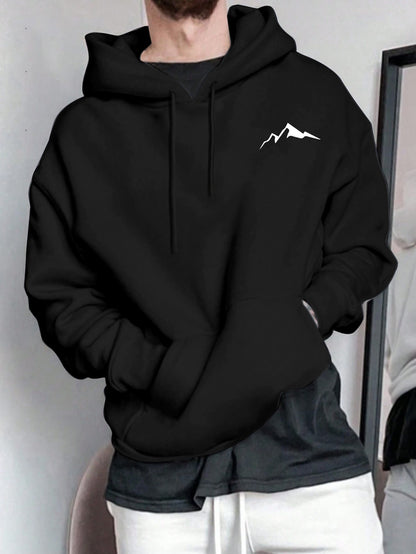 Men's Mountain Print Fleece Hoodie - Kangaroo Pocket Hooded Sweatshirt | Drawstring Pullover
