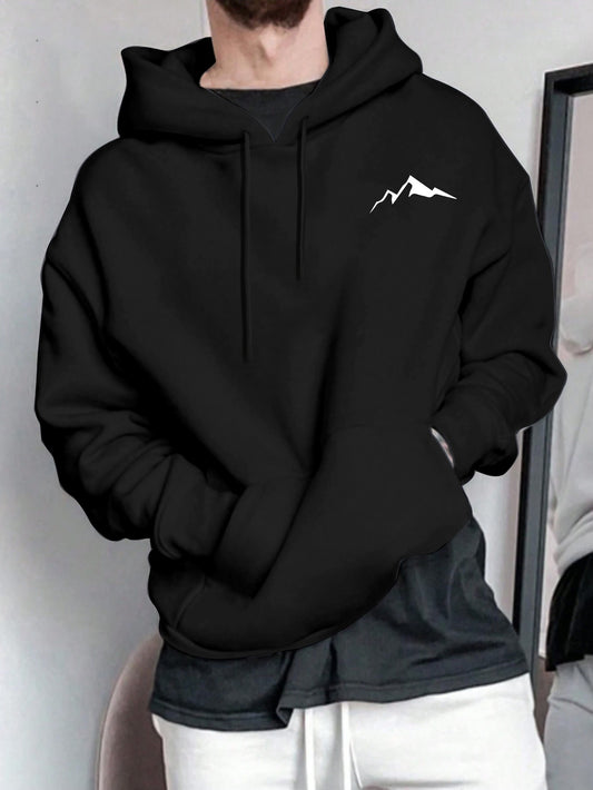 Men's Mountain Print Fleece Hoodie - Kangaroo Pocket Hooded Sweatshirt | Drawstring Pullover