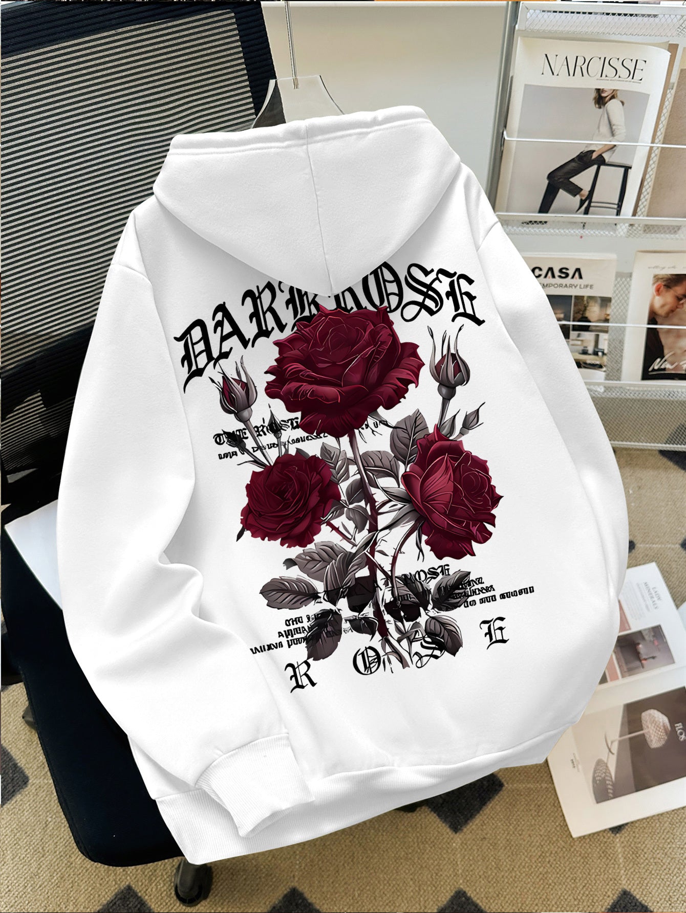 Men's Vampire Goth Hoodie - Burgundy Color with Detailed Rose and Horse Print, BARON VIBES Text, Hooded Pullover for Dark Alternative Fashion