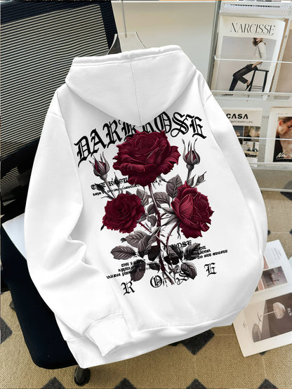 Men's Vampire Goth Hoodie - Burgundy Color with Detailed Rose and Horse Print, BARON VIBES Text, Hooded Pullover for Dark Alternative Fashion