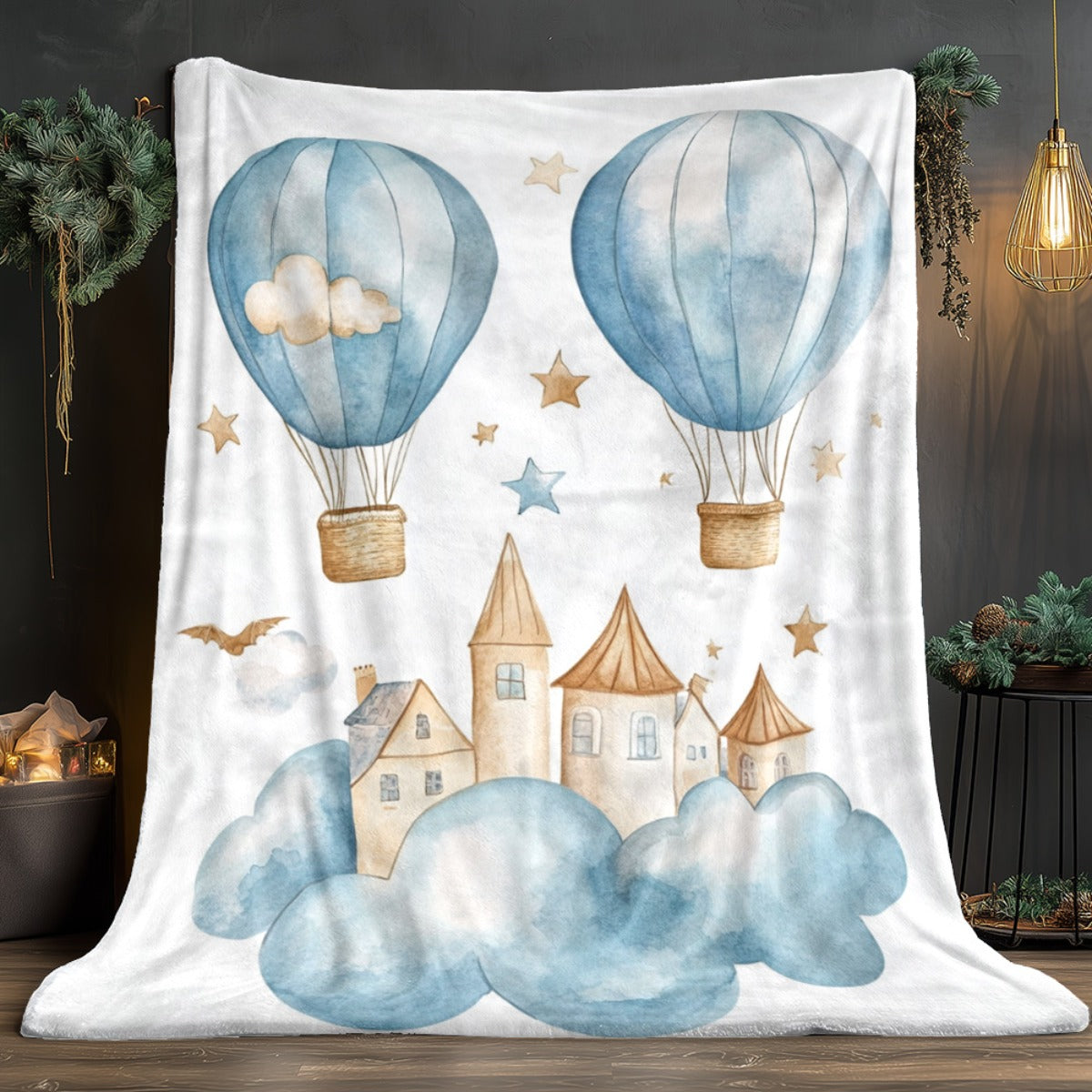 Cozy Flannel Throw Blanket with Hot Air Balloon & Cloud Design | Soft, Lightweight & Warm for All Seasons | Perfect for Couch, Bed, Travel & Gifts