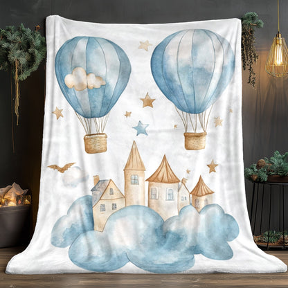 Cozy Flannel Throw Blanket with Hot Air Balloon & Cloud Design | Soft, Lightweight & Warm for All Seasons | Perfect for Couch, Bed, Travel & Gifts