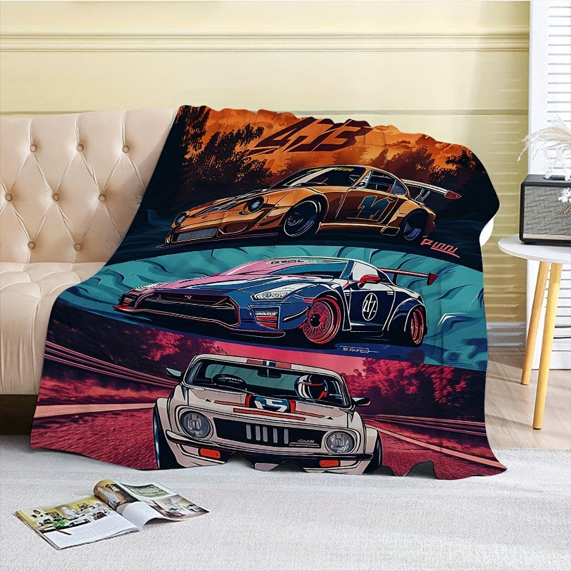 Automotive Enthusiast Quilt - Modern Flannel Bedspread with Sports Car Patterns, Soft, All-Season & Machine Washable, Statement Piece for Man Cave