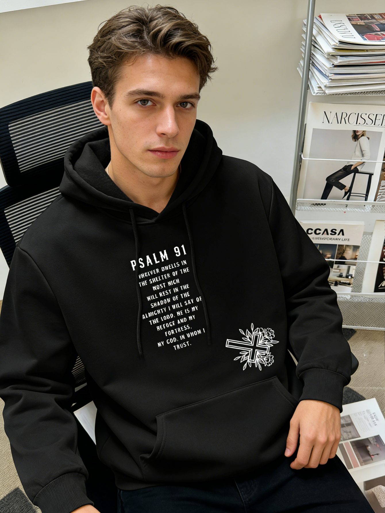 Holy Street Psalm 23 Hoodie - Men's Bold Scripture Graphic Pullover, White Letter Print Streetwear Trendy Casual Fit Hooded Sweatshirt
