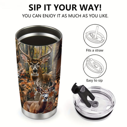 20oz Deer Hunting Tumbler Cup - Insulated Stainless Steel Travel Mug for Men | Gift for Dad, Husband, Papa on Christmas, Birthday, Valentines Day | Reusable Coffee Cup with Lid