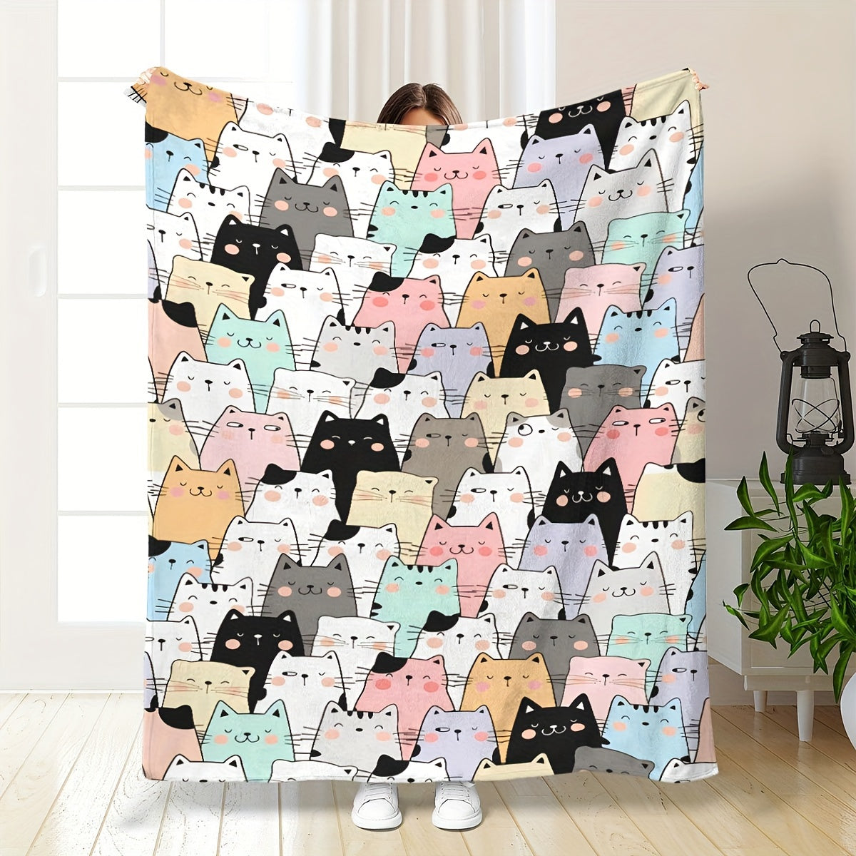 Cute Cat & Sheep Print Fleece Blanket -  All-Season Wearable Shawl or Throw, Perfect Holiday & Birthday Gift for Animal Lovers