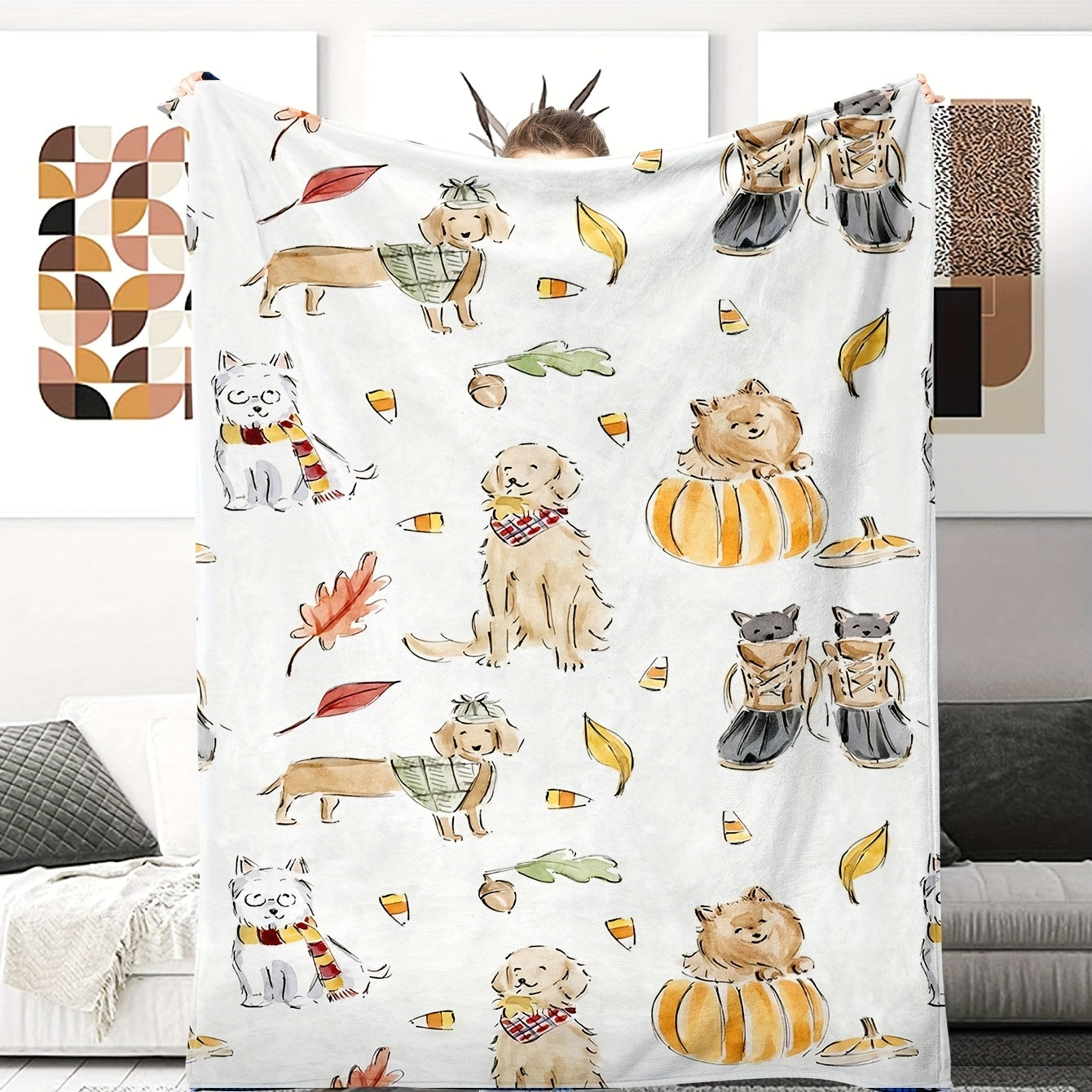 Autumn Dog Print Blanket - Pumpkin & Fall Leaves with Playful Dogs, Cozy Seasonal Throw for Sofa & Bed, Perfect Gift for Dog Lovers & Pet Owners