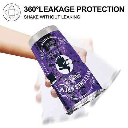 Gothic Witch's Brew Tumbler 20oz - Halloween Insulated Mug with Witch on Broomstick & Cauldron Design, Stainless Steel with Locking Lid & Straw, Spooky Gift