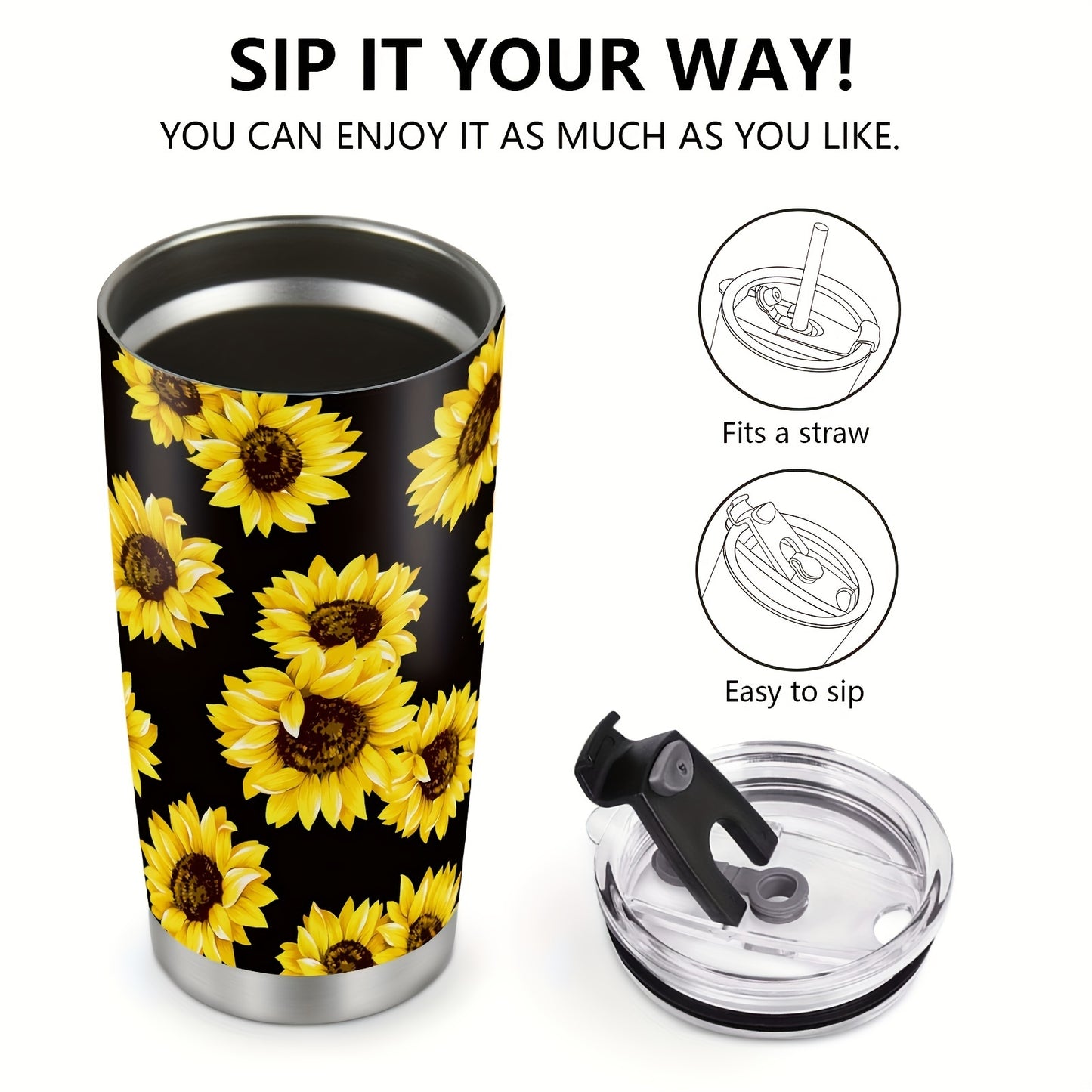 Sunflower Gift for Women - 20oz Cheerful Tumbler, Stainless Steel Double Wall Vacuum Insulated Travel Mug | Keeps Drinks Hot/Cold, Perfect for Home, Office, Back to School