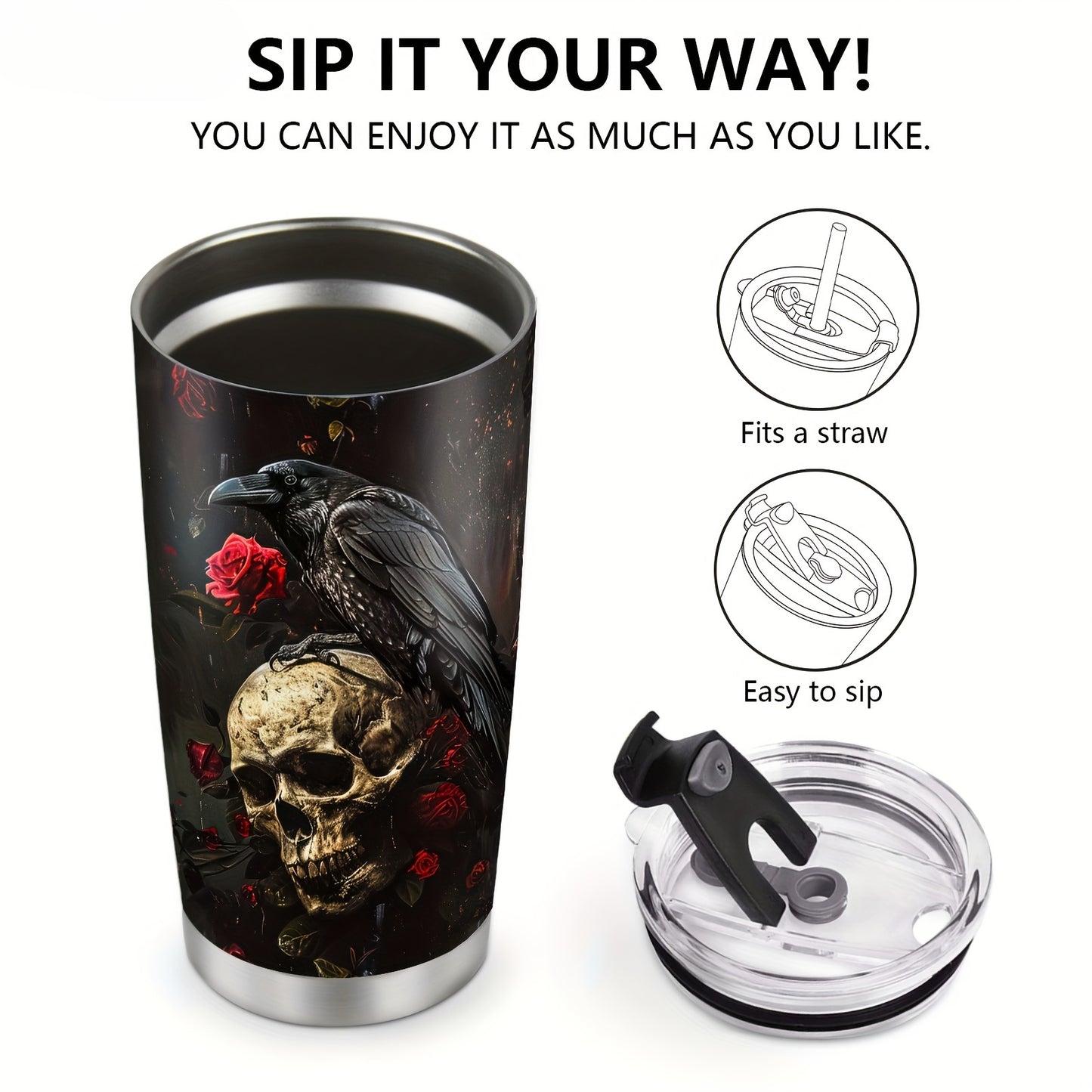 Gothic Skull & Raven Tumbler - 20oz Stainless Steel Insulated Travel Mug, BPA-Free & Hand Wash - Perfect Gift for Halloween, Christmas, Day of the Dead, Goth Lovers