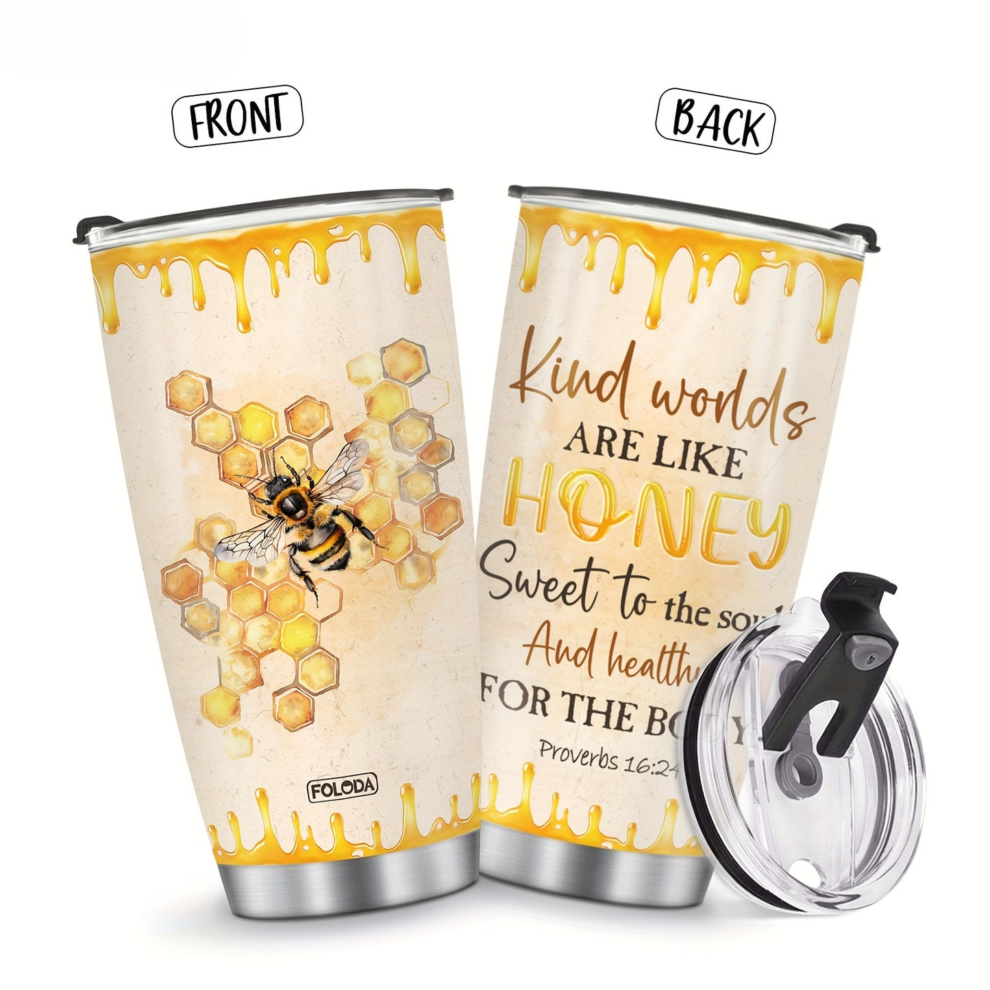 Bee Kind Tumbler 20oz - Inspirational 'Words Are Like Honey' Bee Lover Gift, Bible Verse Proverbs 16:24, Stainless Steel with Lid, Christian Gift for Women & Girls