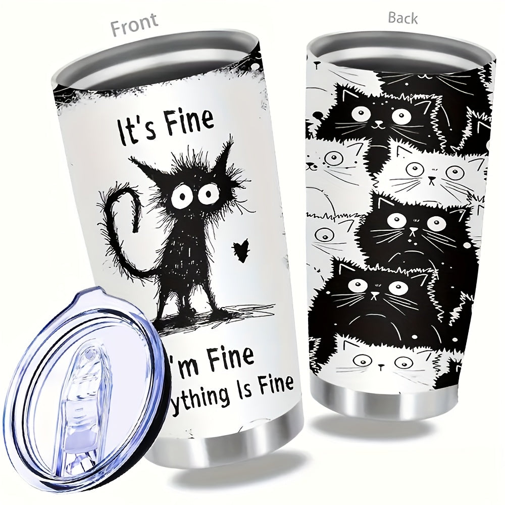 Whimsical Black Cat Tumbler 20oz - Stainless Steel Insulated Travel Mug with Straw, Wide Mouth Slip-Resistant Grip, Perfect for Cat Lovers & Outdoor Adventures