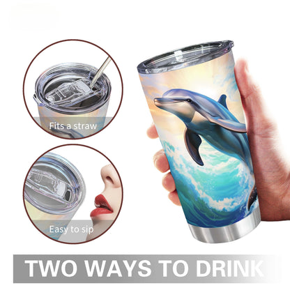 Dolphin Print 20oz Insulated Tumbler - Stainless Steel Travel Mug with Leak-Proof Lid, Double Wall Vacuum - BPA-Free Ocean Waves Design, Perfect Gift for Dolphin Lovers, Family & Friends
